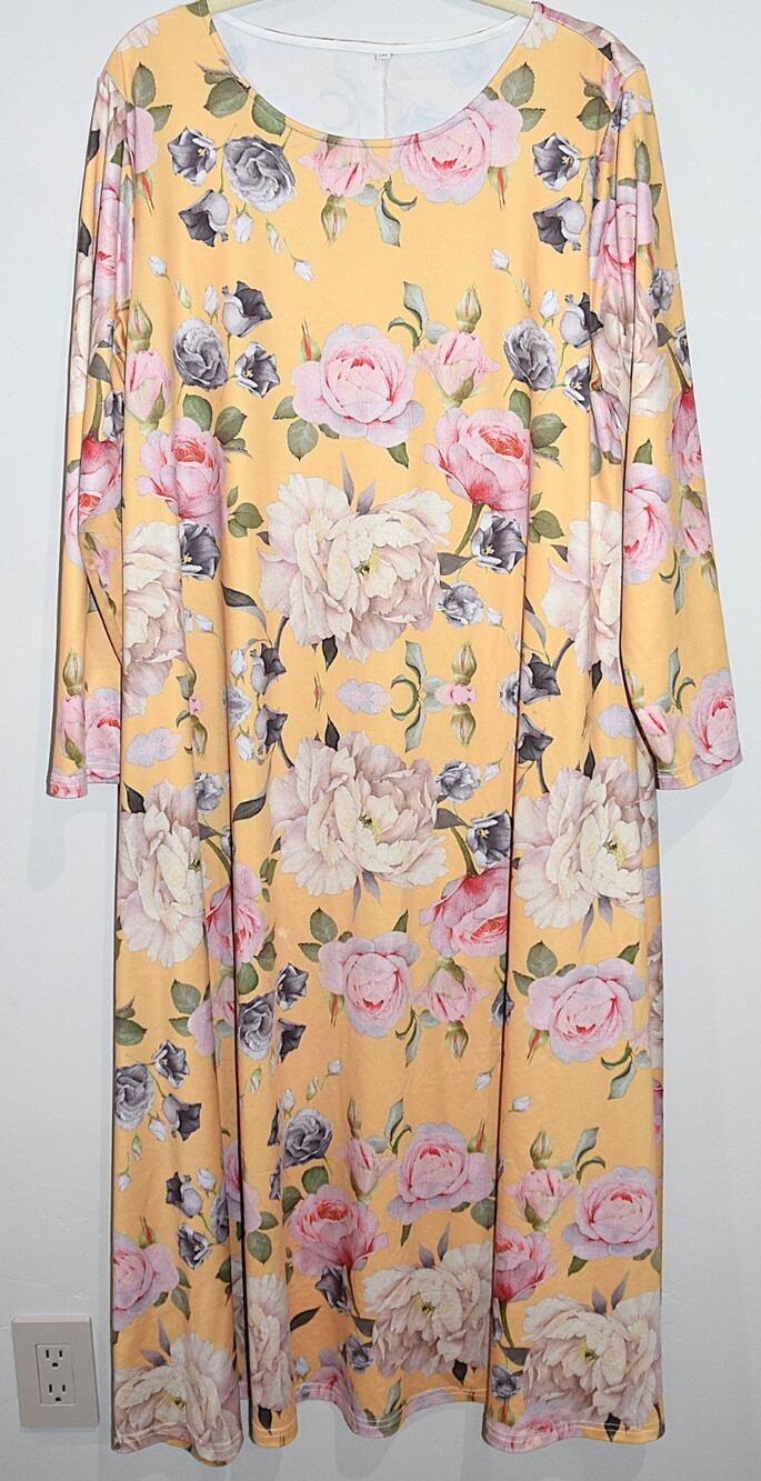 Womens Plus 1X Maxi Dress in Yellow Floral Print, Long Sleeves, Modest Easy Care